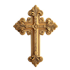 Ornate golden Christian cross isolated on transparent background