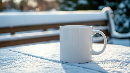 A plain white ceramic mug resting on a snowy outdoor table, with a snow-covered bench and a tranquil winter scene in the background.