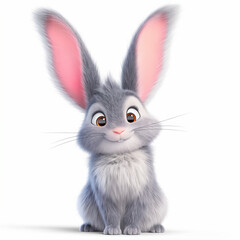 Funny fluffy grey bunny with long ears isolated on white background