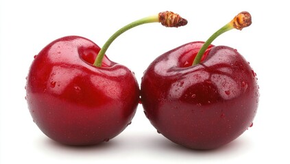 Two fresh, ripe cherries, glossy and vibrant red, with water droplets, close-up