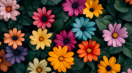 Fototapeta premium Vibrant flowers in various colors bloom amidst lush green leaves, creating cheerful and lively atmosphere