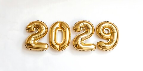 Golden 2029 balloons sparkle, celebrating a new year's hopeful beginning against a bright white background.