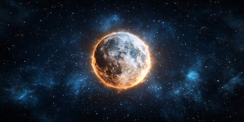Obraz premium Celestial Lunar Orb with Fiery Corona set against the backdrop of a Starry Nebula in Cosmic Space