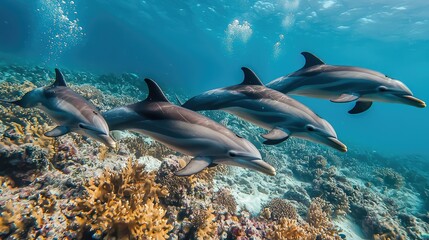 Fototapeta premium A playful pod of dolphins darting through the waters above a thriving coral reef in the South Andaman Sea.