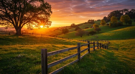 Obraz premium Serene Sunset Over Rolling Hills - Picturesque sunset view over gently rolling hills, a wooden fence meanders through a vibrant green pasture, a majestic tree stands silhouetted against the warm glow