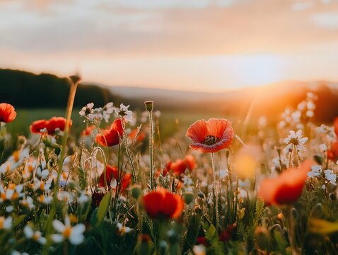 Golden Hour in the Meadow: A vibrant scene of red poppies and wildflowers dancing in the golden light of sunset, creating a picturesque display of nature's beauty.