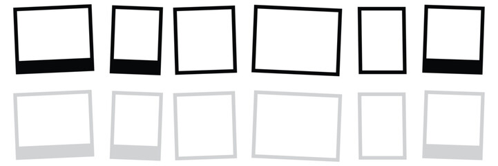 Obraz premium Empty white photo frame with shadows hung on a binder, adhesive tape, paper clip, pin. Set realistic photo card frame mockup - for stock. vector illustration.