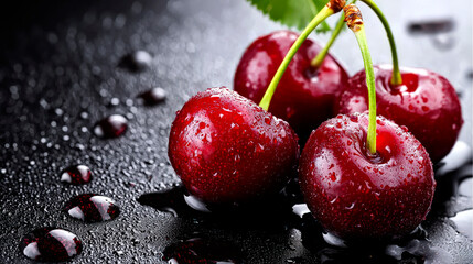 Cherries with vibrant green leaves placed on a black surface covered with water droplets. The macro-style image highlights the freshness, juiciness, and rich color of the berries. 