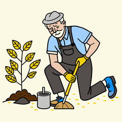 Senior man gardening, planting a small tree in spring.