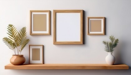 a white wall with empty photo frames sitting on floating wooden shelves empty painting on the wall