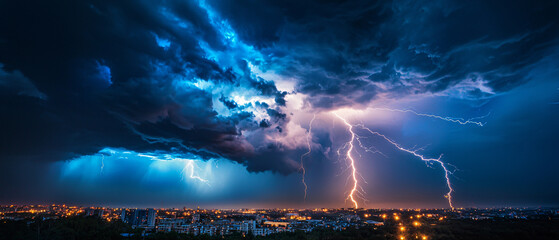 Electric Symphony Nature's Light Show over Urban Expanse City Scape Night Storms Weather Event