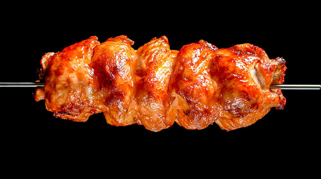 High-quality professional image featuring a beautifully roasted whole chicken, positioned horizontally on a sturdy metal skewer.