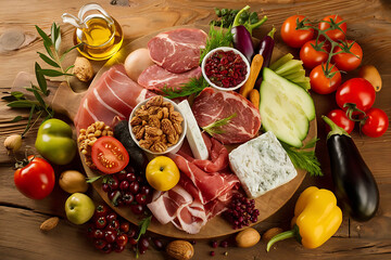 beautifully styled top-down food photography composition featuring a vibrant assortment of fresh, colorful ingredients arranged on a rustic wooden table
