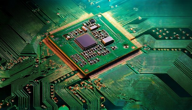 Macro Shot of High-Tech Green PCB Featuring Copper Traces and Tiny Surface Elements