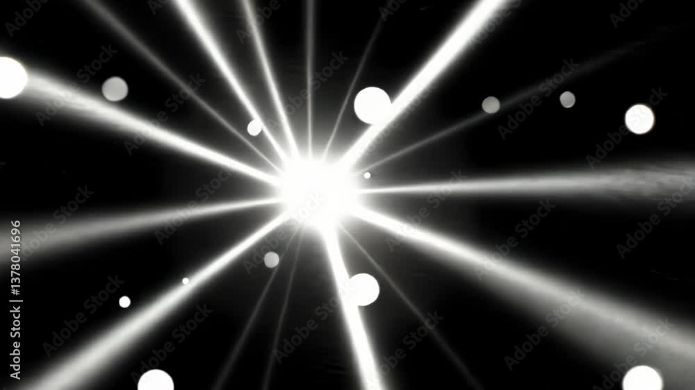 Poster a bright white light with a black background. there are many small white dots in the background. the