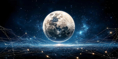 Lunar Landscape with Interconnected Data Network in a Cosmic Expanse Displayed Artistically