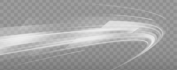 White fast speed trail with sparkles on dark background. Glow and blur motion effect vector illustration set. Transparent dynamic frost air tail streak. Isolated png magic wind swirl design.  © MEDUZA