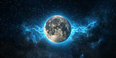 Obraz premium Lunar Sphere Floating Amidst Nebulous Starry Expanse Cosmic Brilliance Space Exploration Celestial Body