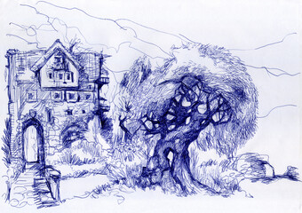 An old castle and a big tree. Sketch illustration.