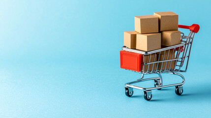 Mini Shopping Cart Filled with Small Cardboard Boxes Ready for Delivery on Blue Background