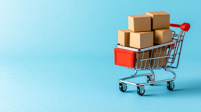 Mini Shopping Cart Filled with Small Cardboard Boxes Ready for Delivery on Blue Background