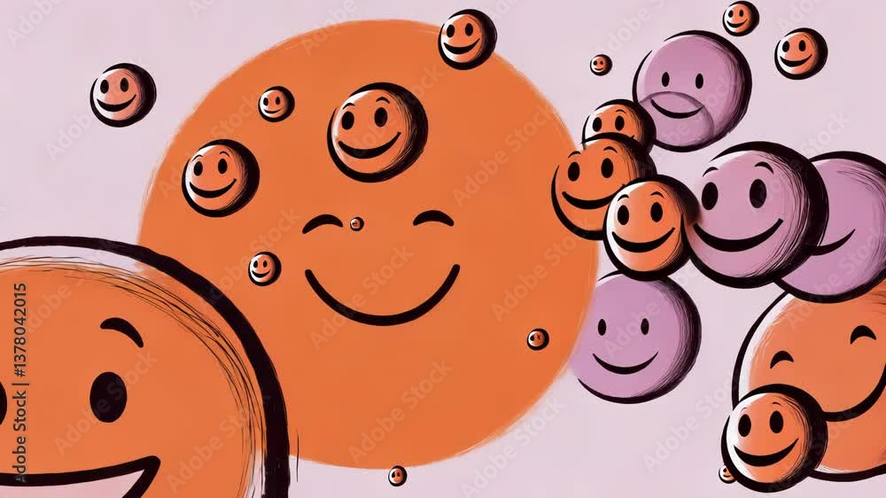 Poster A drawing of many smiling faces with one of them being a large orange circle. The other faces are smaller and are scattered around the orange circle