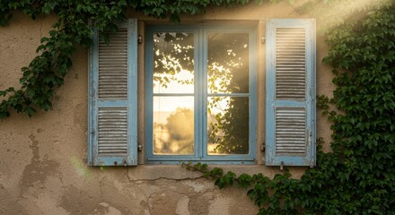 Sunlit Mediterranean Window with Vines - Peaceful Mediterranean scene, sunlight through window, ivy-covered walls, shutters, tranquility, summer warmth