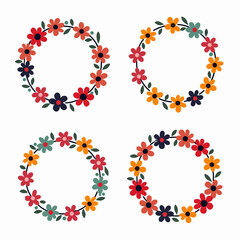 Round floral frame of small flower bushes in delicate flowers in the Scandinavian style on a white background.