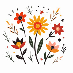 Bouquet of plants and red flowers in flat style on white background. Meadow flowers and grasses, leaves and poppies. Vector illustration, Scandinavian style