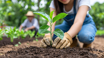Planting New Life Young Asian Woman Gardener Nurturing Seedling Growth in Garden with Senior Care