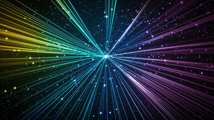 Obraz premium Radiant Light Burst Explosion with Rainbow Colored Beams Shooting from Center on Dark Background