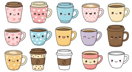 Set of colorful cute coffee cup, clip art isolated on a white background.