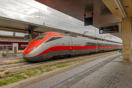 Red Train Fast Locomotive Trenitalia Frecciarossa at Railway Station in Venice Italy