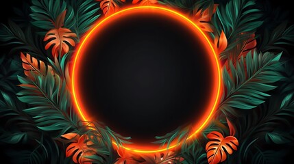 Orange Neon Circle Framed By Lush Tropical Leaves