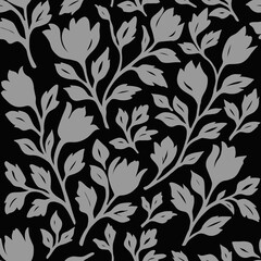 Floral pattern design featuring gray blossoms and leaves on a black background