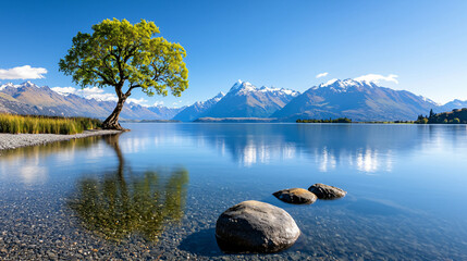 Serene Lake Wanaka Vista with Solitary Tree Reflected on Clear Water Under a Bright Blue Sky