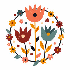 Round shape frame with cute hand drawn leaves and flowers. Floral decoration with place for text, Scandinavian style