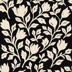 Cream flowers on a black background create an elegant floral textile design