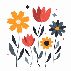 Bouquet of plants and red flowers in flat style on white background. Meadow flowers and grasses, leaves and poppies. Vector illustration, Scandinavian style