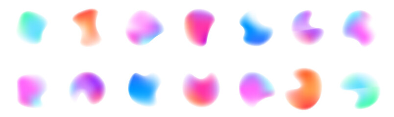 Gradient aura, grain neon blob with noise effect vector illustration. Abstract color watercolor blur mesh shape on white background. Set of defocused soft color gradient circles for creative graphic