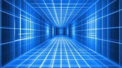 Obraz premium Abstract Blue Grid Tunnel Glowing Lines and Digital Space Perspective