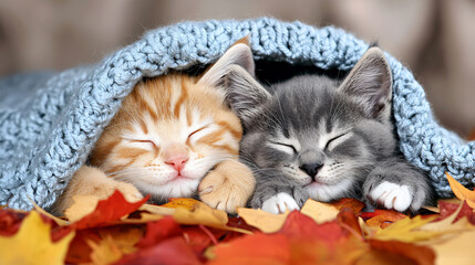 Two Adorable Kittens Sleeping Peacefully Under a Blue Knitted Blanket Surrounded by Autumn Leaves