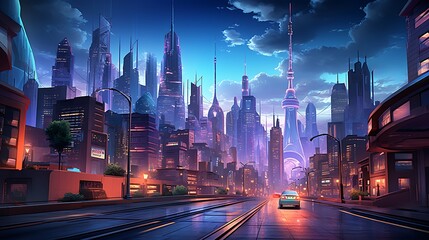 Fototapeta premium Futuristic Cityscape at Dusk: A Digital Painting of a Neon-Lit Metropolis