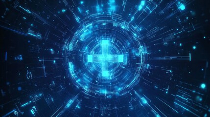 A blue, glowing, computer generated image of a cross