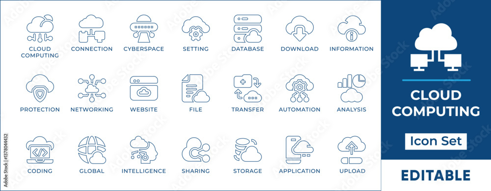 Aufkleber cloud computing line icon set featuring cloud storage, data security, server hosting, networking, cl