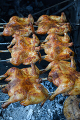 Chicken on the fire. Chicken BBQ. Roasted chicken in the oven in a restaurant, closeup of photo. Grilled chicken on the spit in the smoke. Fast food