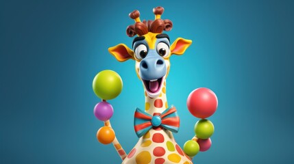 Fototapeta premium Cheerful giraffe juggling colorful balls on blue background