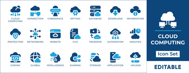 Cloud Storage Icon Set. Includes vector icons of hosting, network, security, website, download, backup, illustration, set, collection, sync, and protection