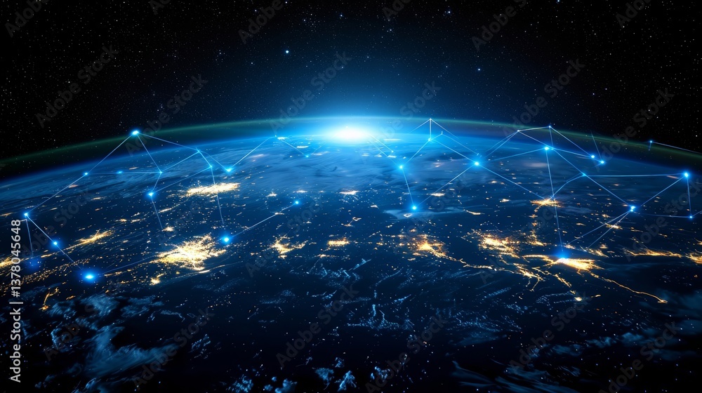 Poster visualize connections spanning the globe representing a network of data exchange innovation and tech