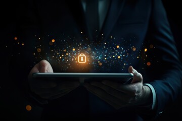 Businessperson secures tablet with lock icon